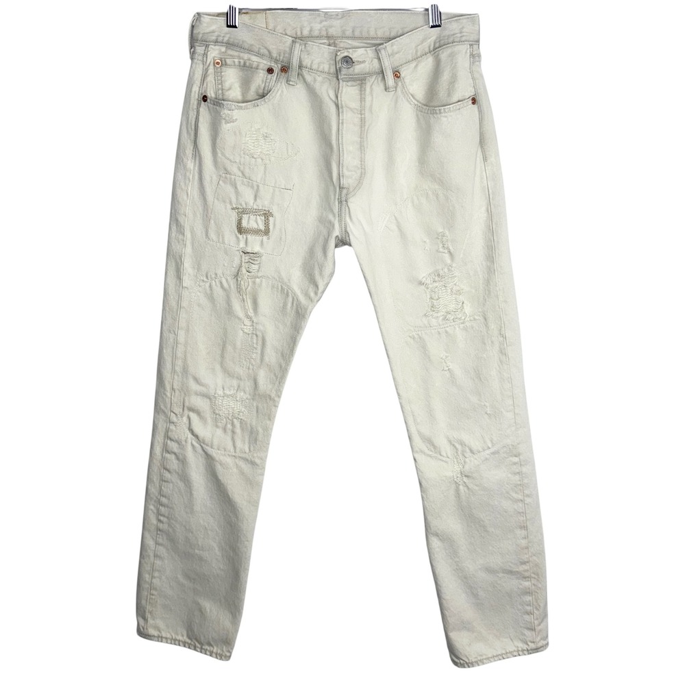 Levi's 501 Original Fit Men 32x32‎ Cream Distressed Patchwork Jeans Button-fly